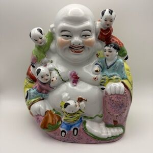 Colorful Vintage Ceramic Laughing Buddha Five Children with Budai